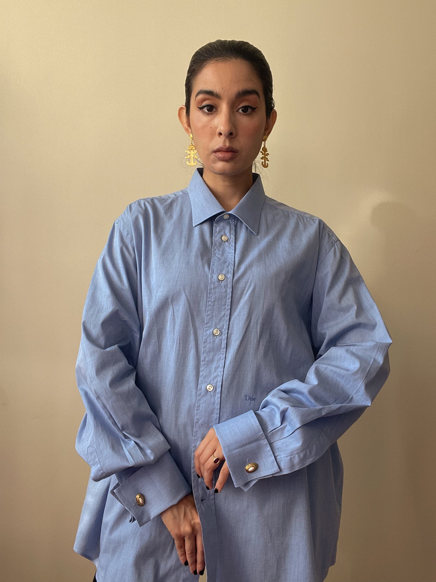 Vintage Designer Christian Dior Blue Cuff Link Shirt