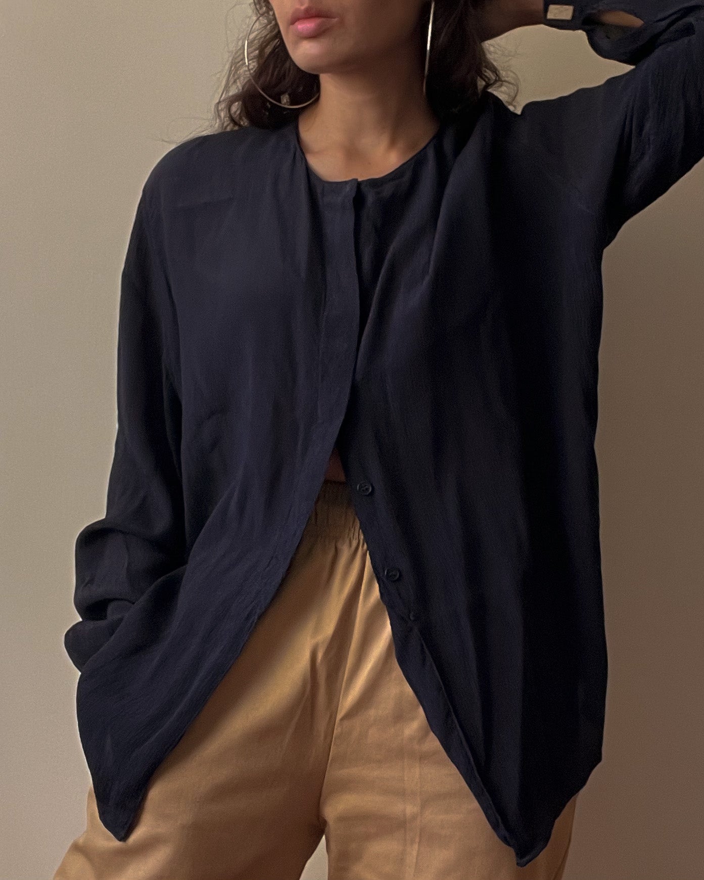 Vintage Designer Giorgio Armani Crinkle Silk Blouse w/ Cufflink Sleeves