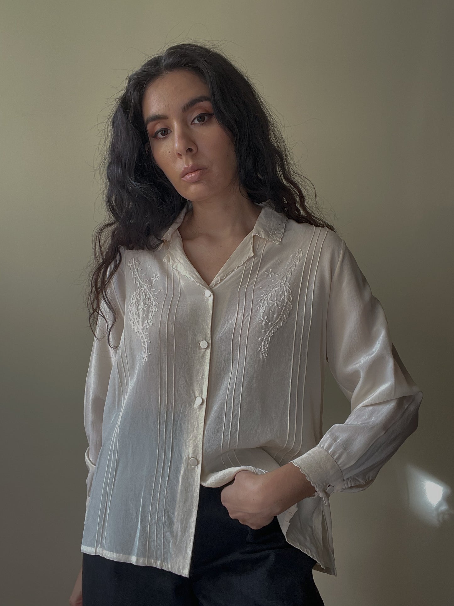 Vintage Cream Embroidered Silk Top
