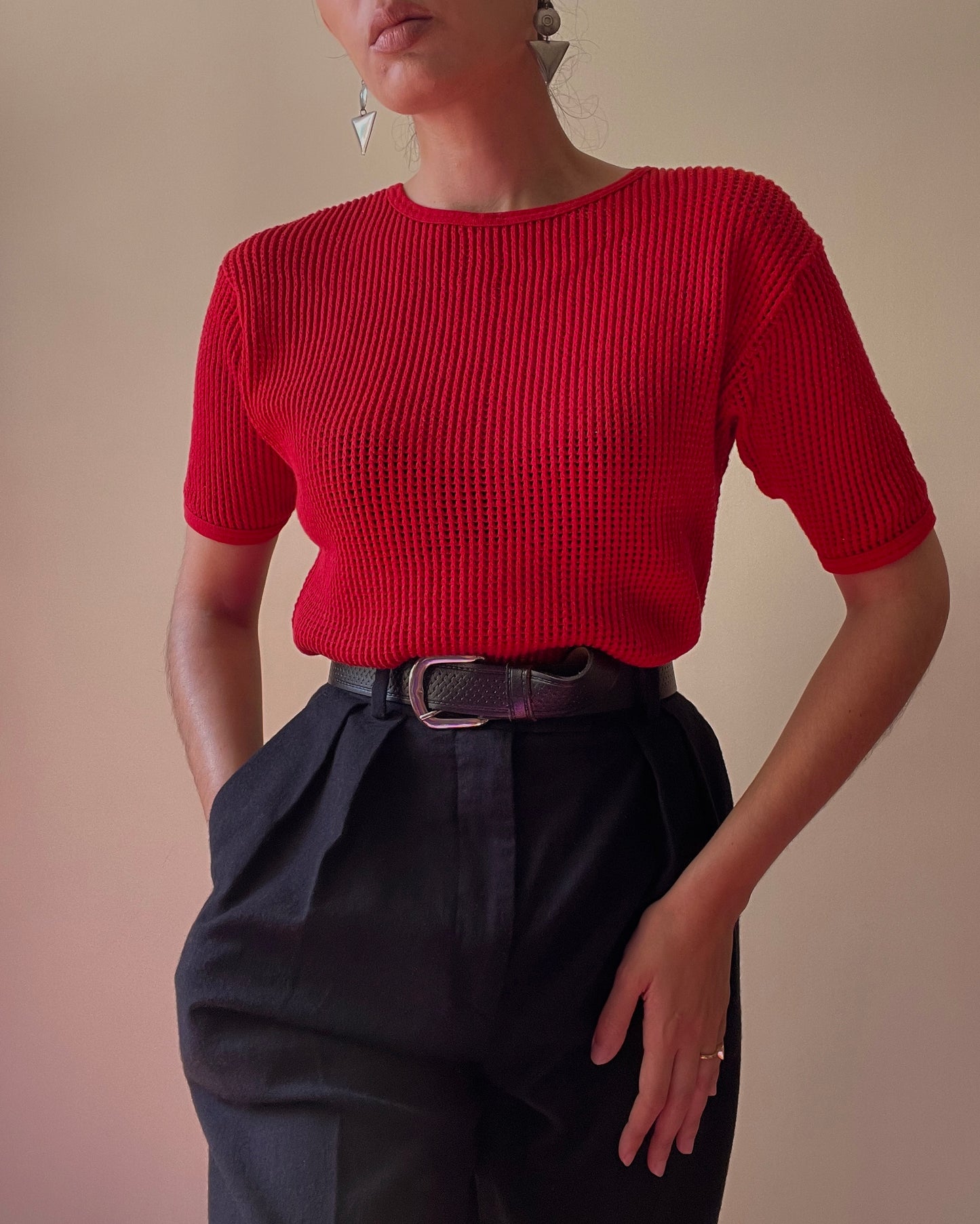 Vintage French Mesh Red Knit Cotton Top