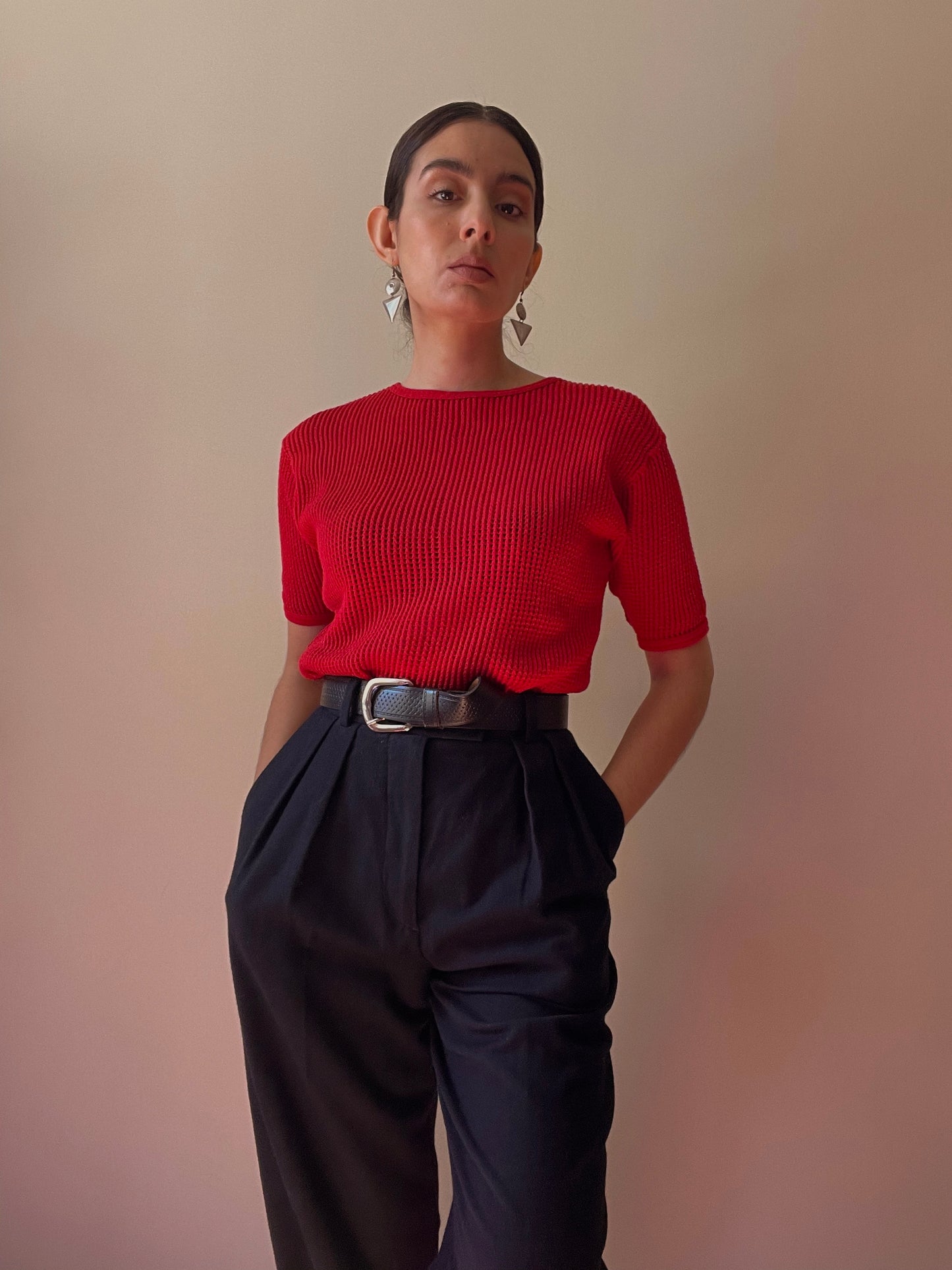 Vintage French Mesh Red Knit Cotton Top