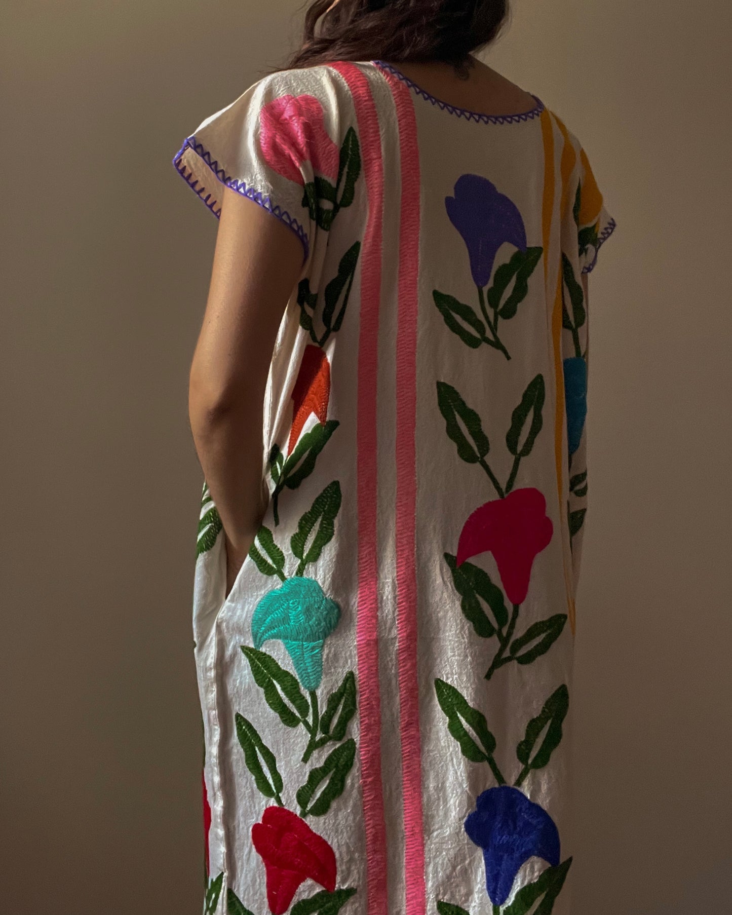 Vintage Mexican Colorful Embroidered Floral Dress