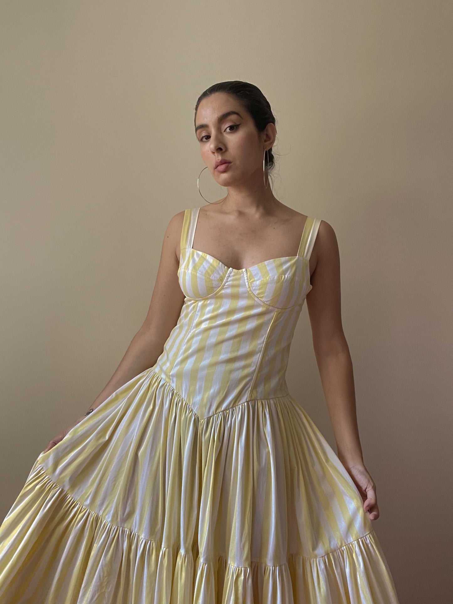 Vintage Butter Yellow Stripe Midsummer Cotton Dress