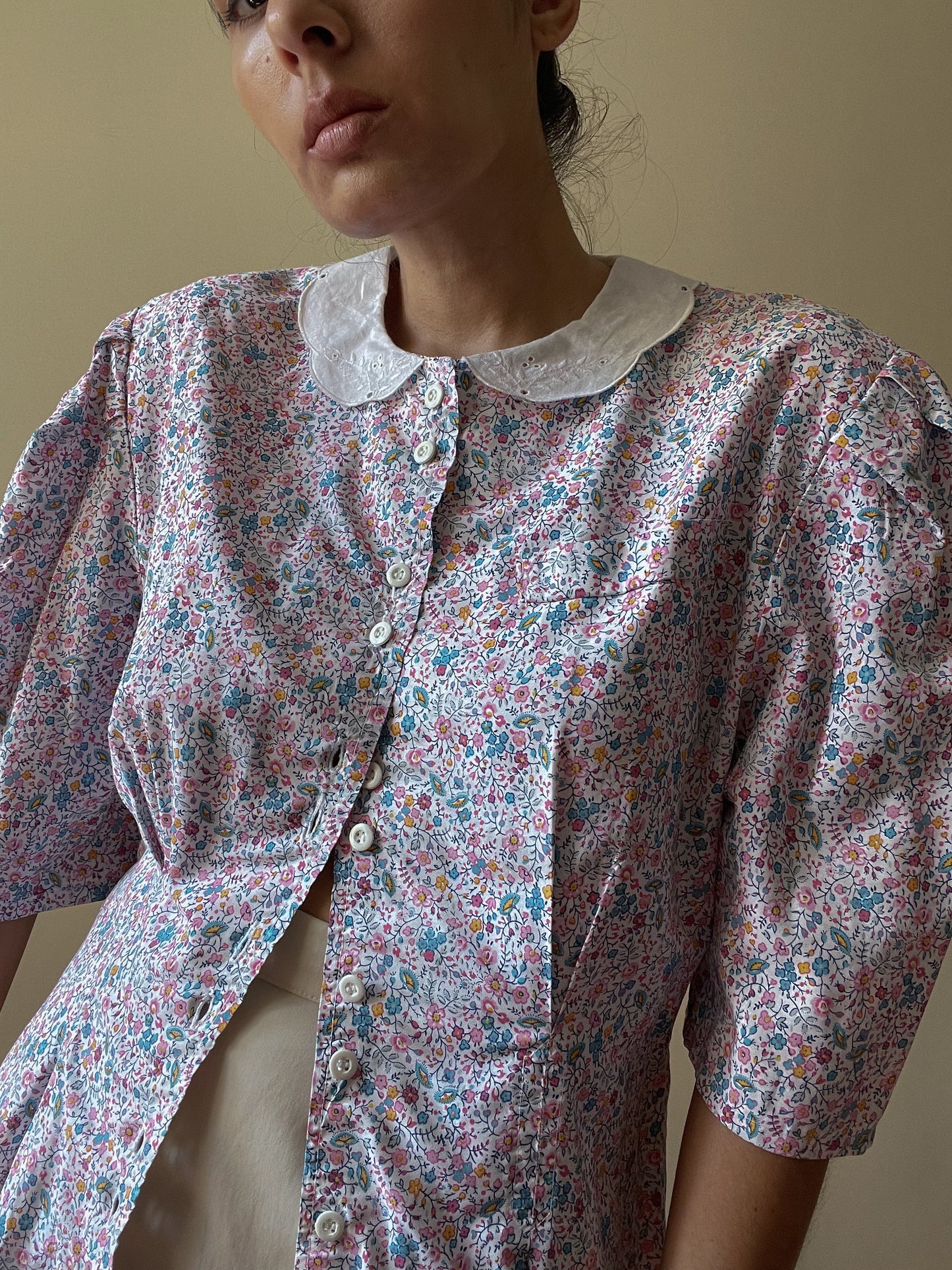 Vintage Floral Puff Sleeve Cotton Blouse