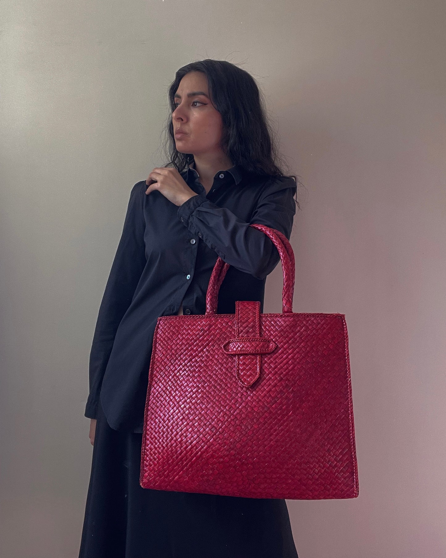 Vintage Red Handwoven Basket Tote Bag