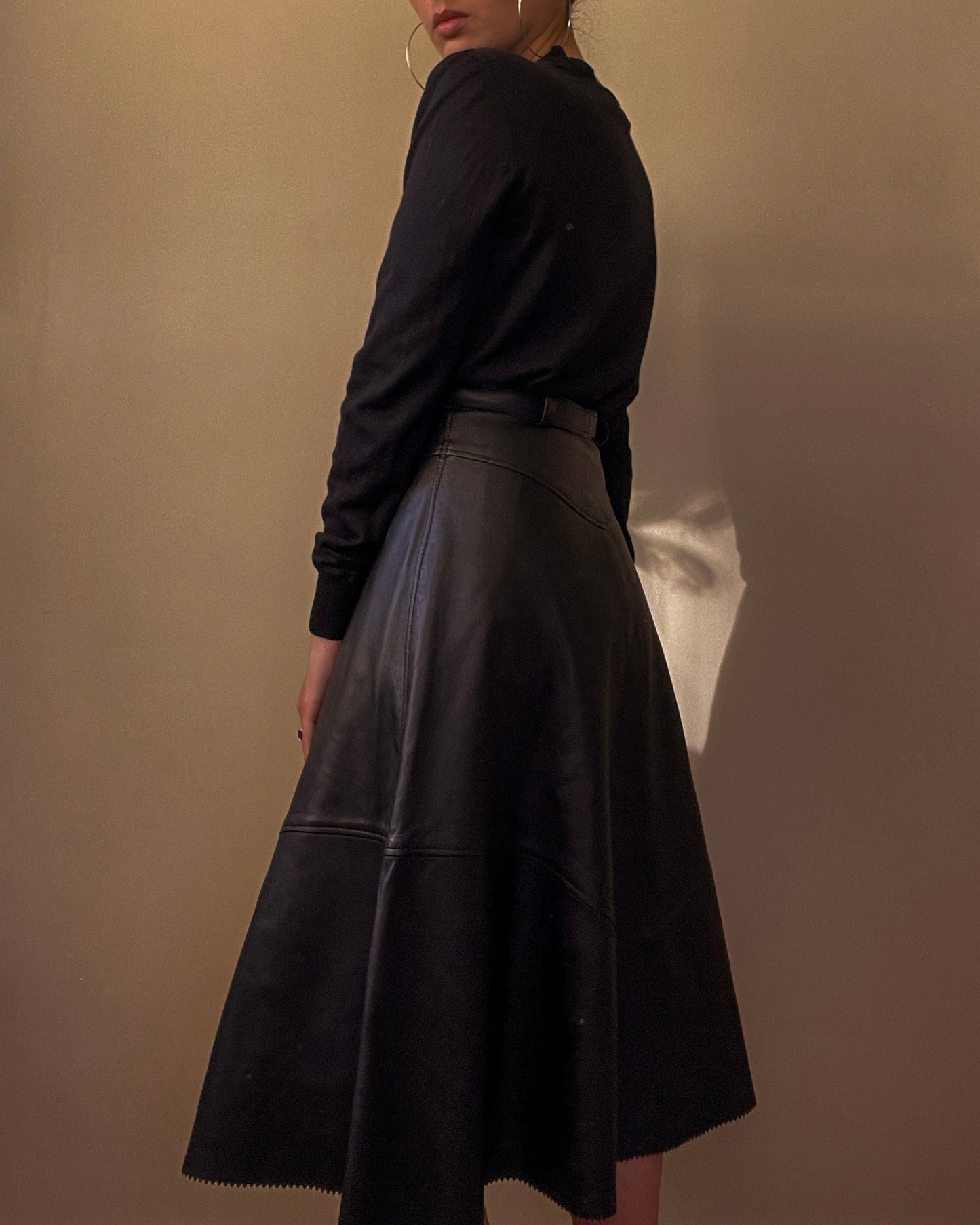 Vintage Black Leather Belted Skirt