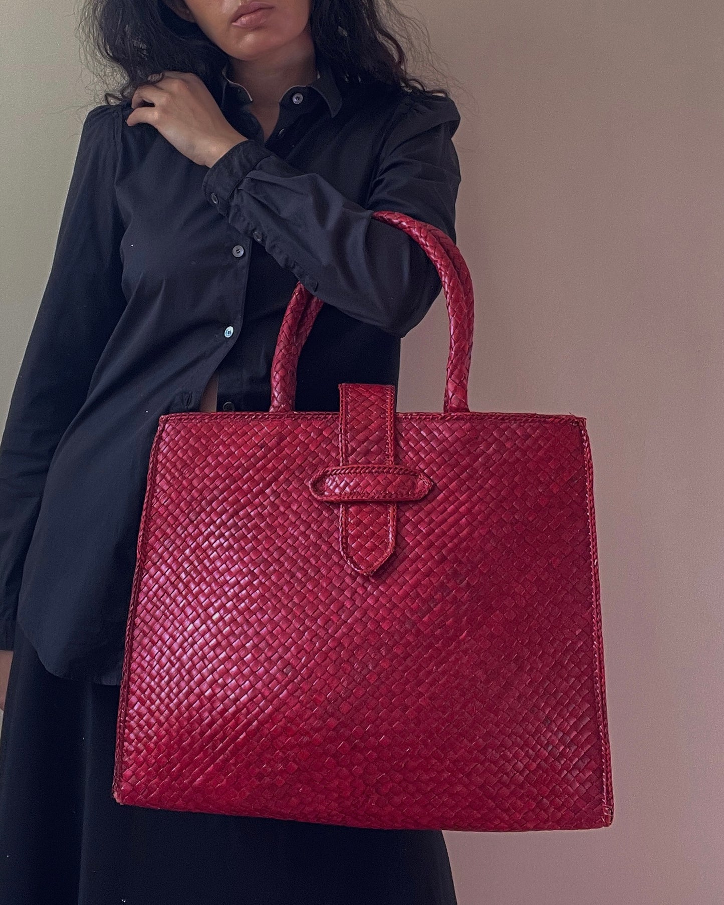 Vintage Red Handwoven Basket Tote Bag