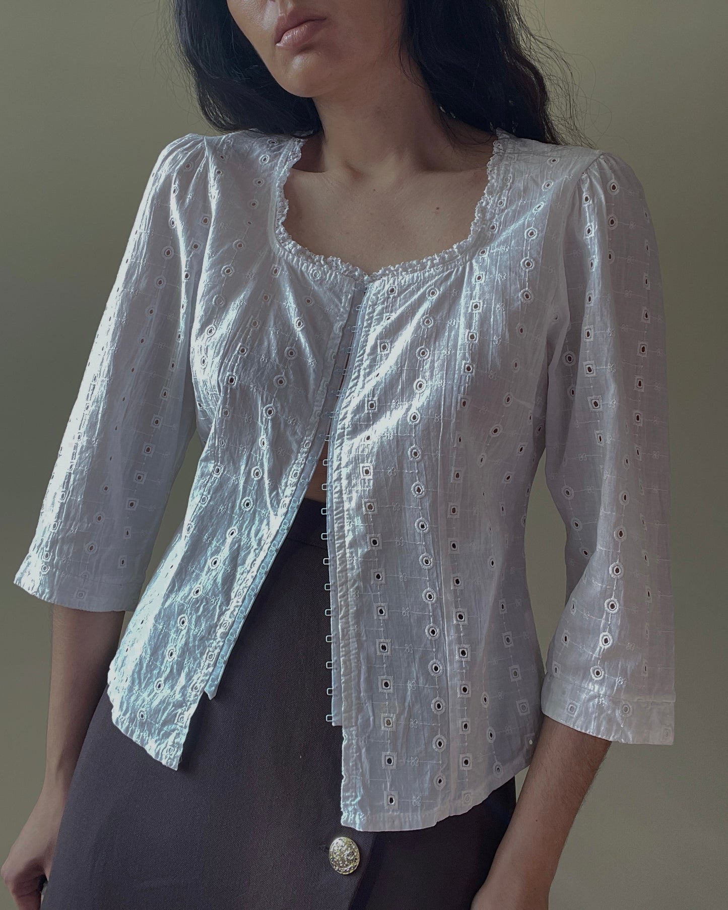 Vintage White Embroidered 3/4 Sleeve Corset Top