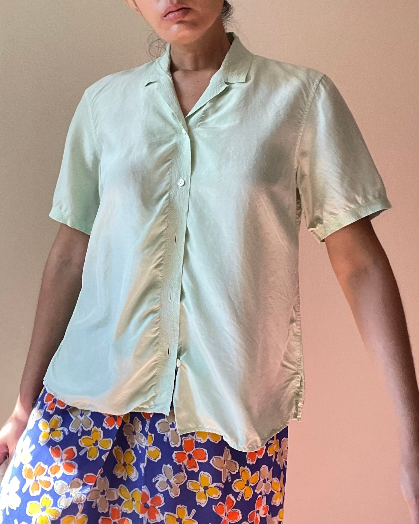 Vintage Designer Jil Sander Green Boxy Stitched Silk Top