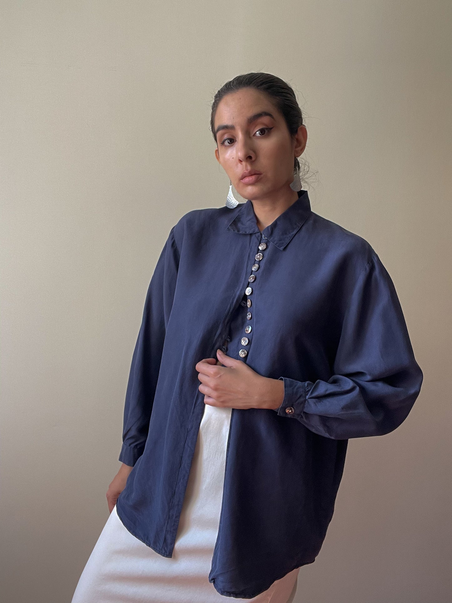 Vintage Navy Silk Blouse With Texturized Buttons