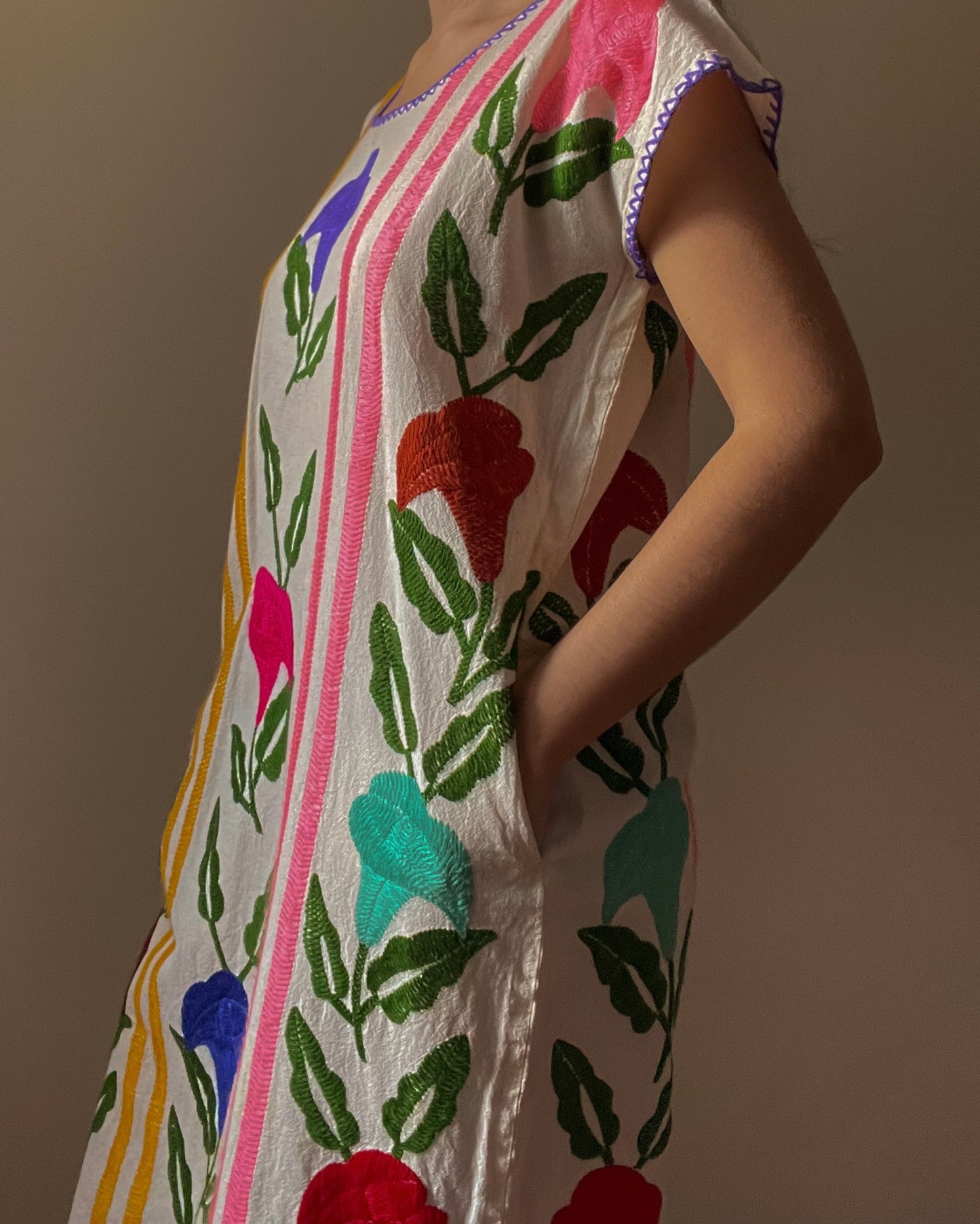 Vintage Mexican Colorful Embroidered Floral Dress