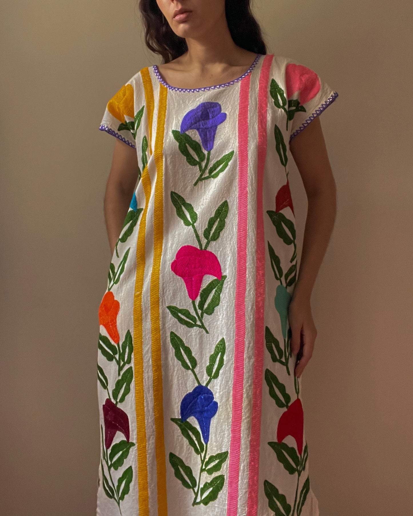 Vintage Mexican Colorful Embroidered Floral Dress
