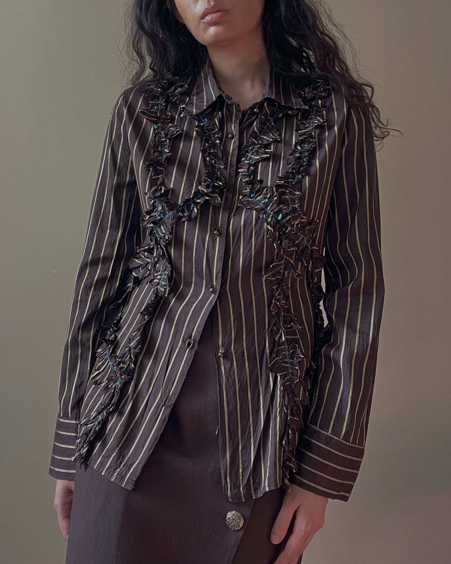 Vintage Designer Class By Roberto Cavalli Brown Stripe Ruffle Top