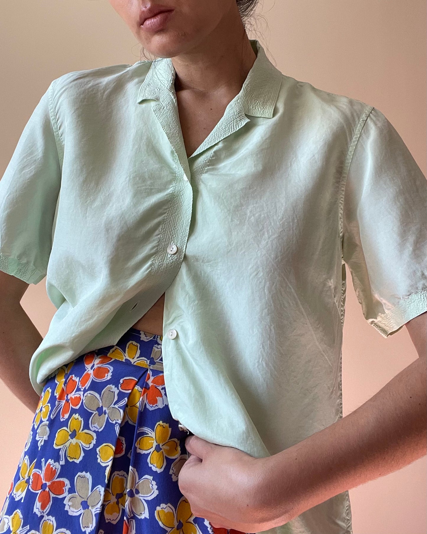 Vintage Designer Jil Sander Green Boxy Stitched Silk Top