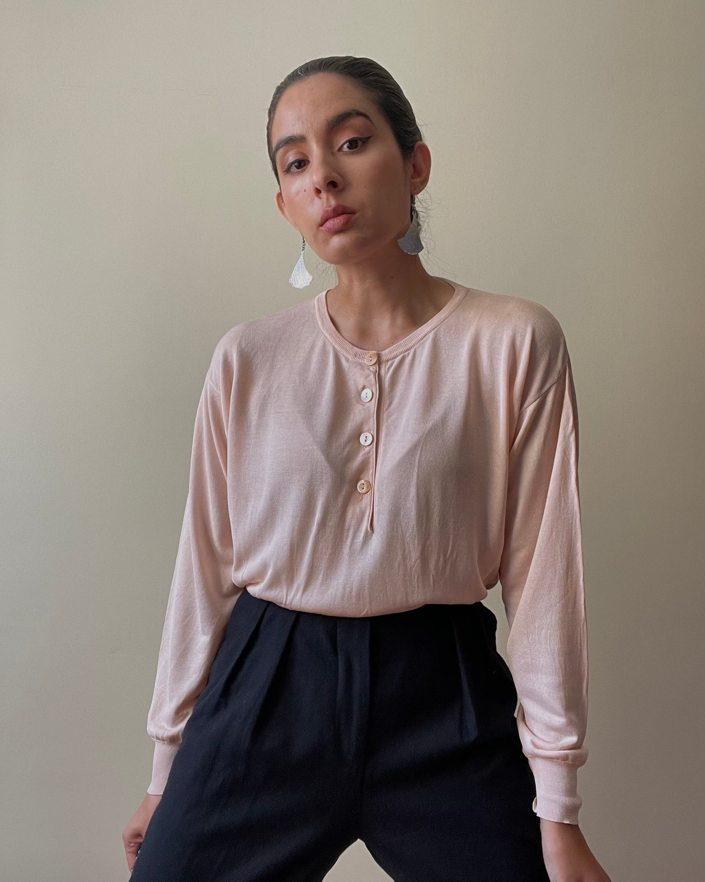 Vintage Designer Genny Maglia Pink Silk Henley Knit Top