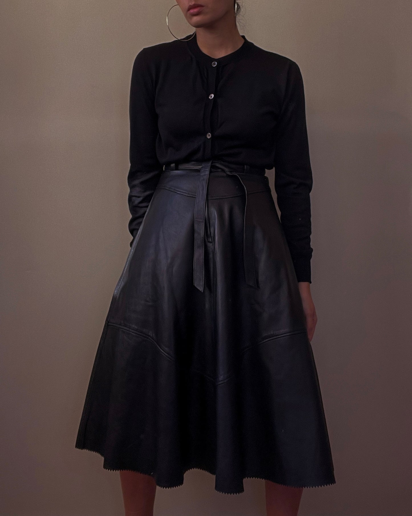 Vintage Black Leather Belted Skirt