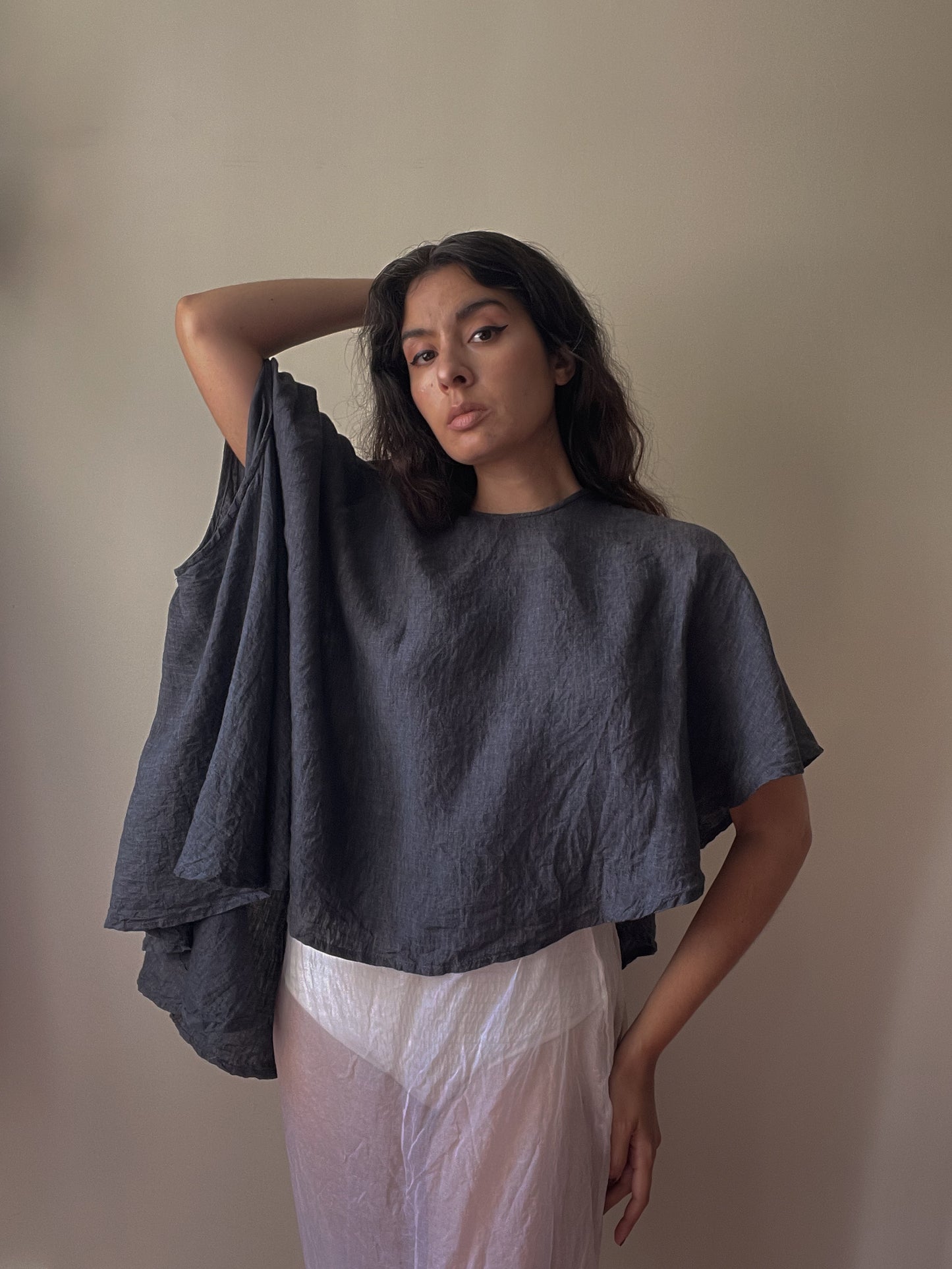 Vintage Designer Vuokko Grey Linen Asymmetrical Cape Top