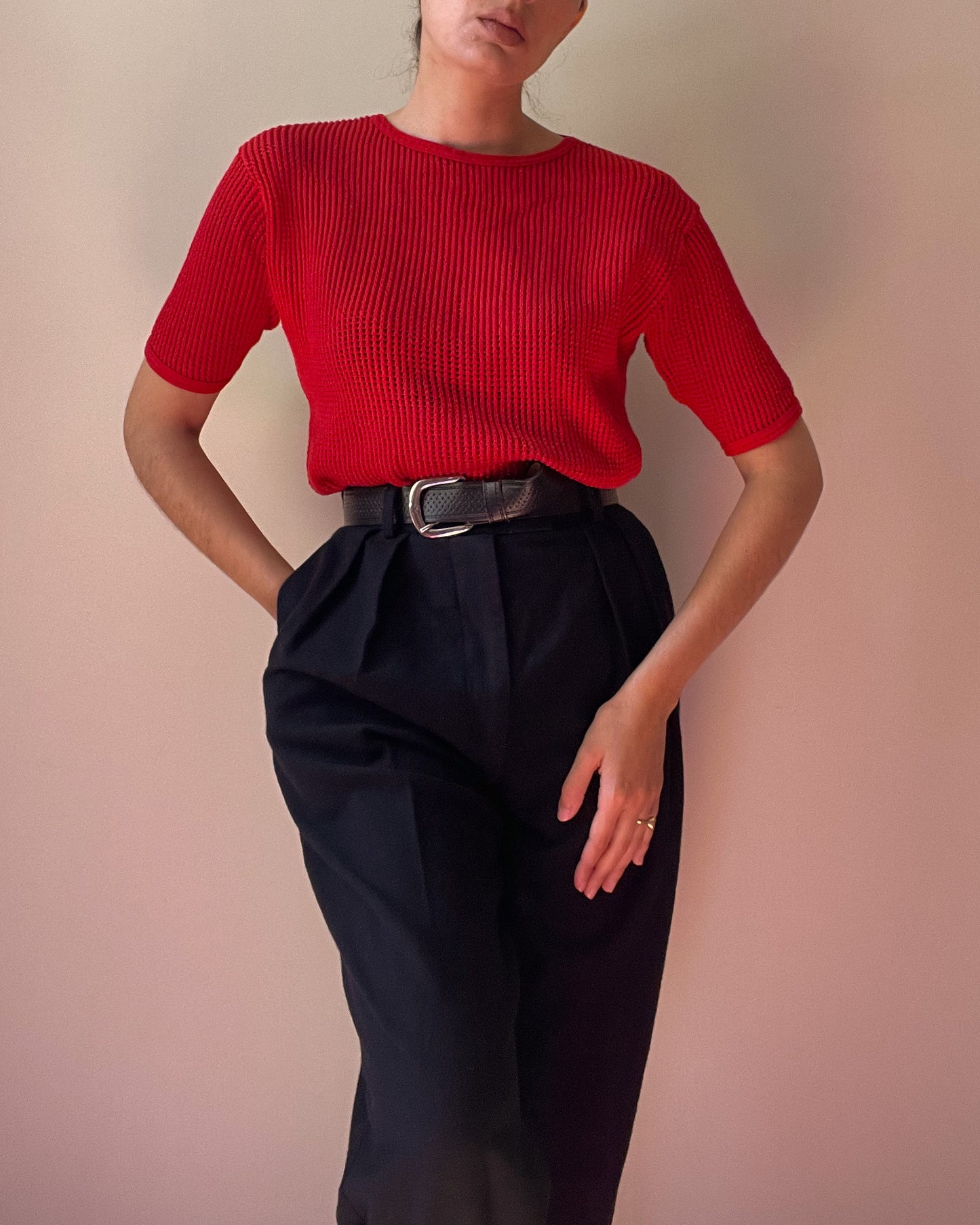 Vintage French Mesh Red Knit Cotton Top