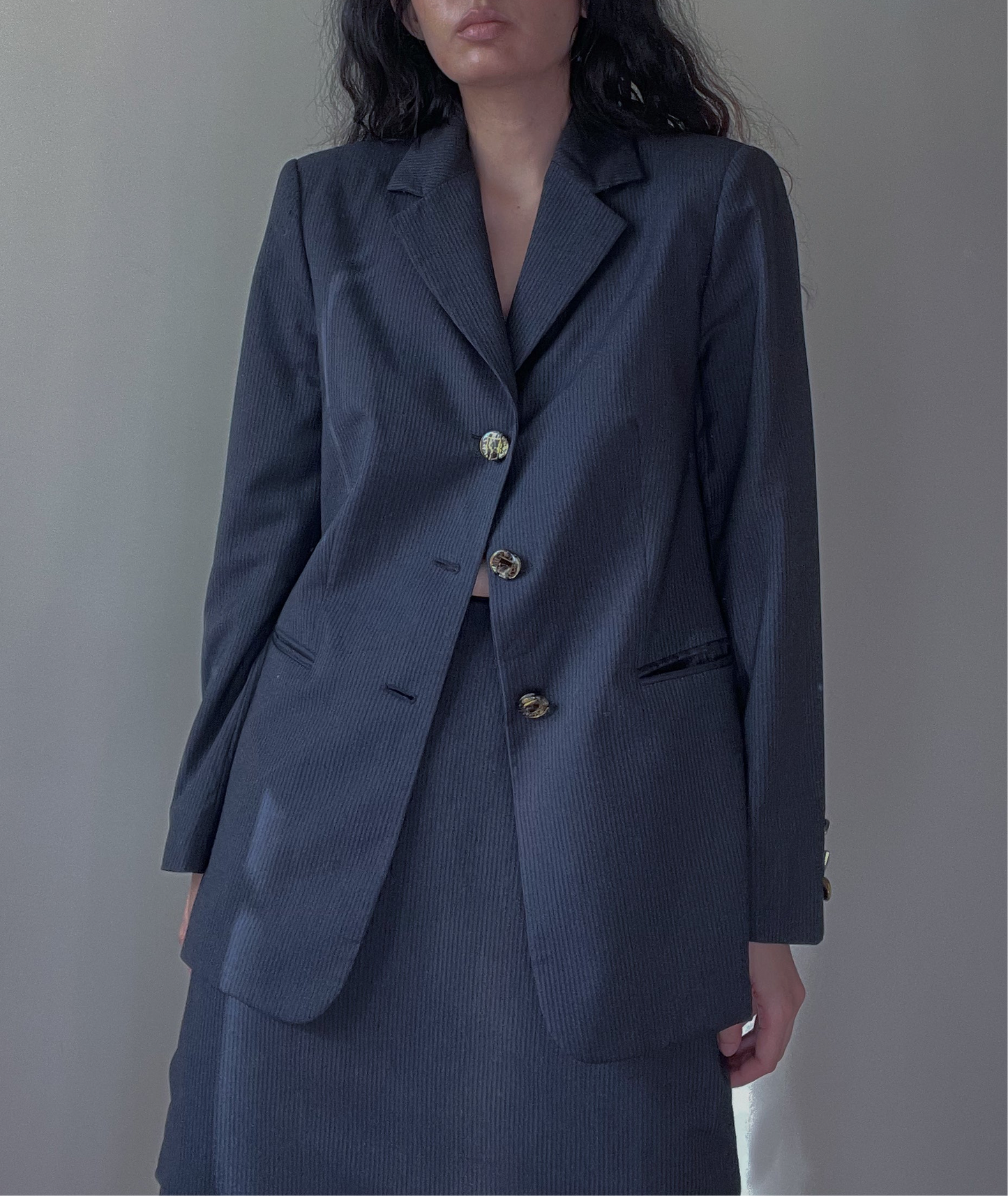 Vintage Designer Gianfranco Ferré Studio Navy Wool Stripe Skirt Suit