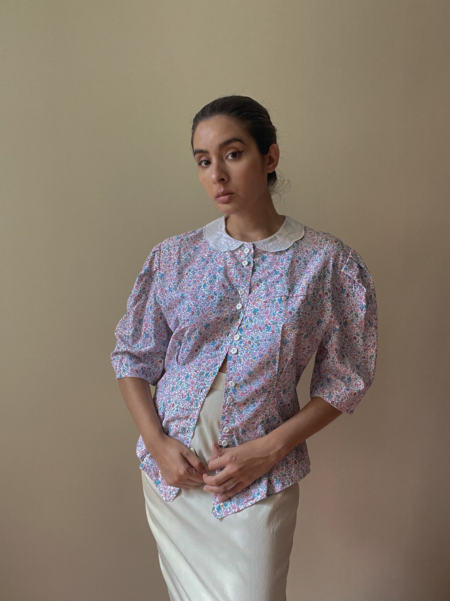 Vintage Floral Puff Sleeve Cotton Blouse