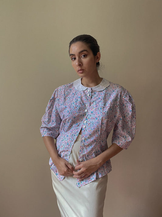 Vintage Floral Puff Sleeve Cotton Blouse