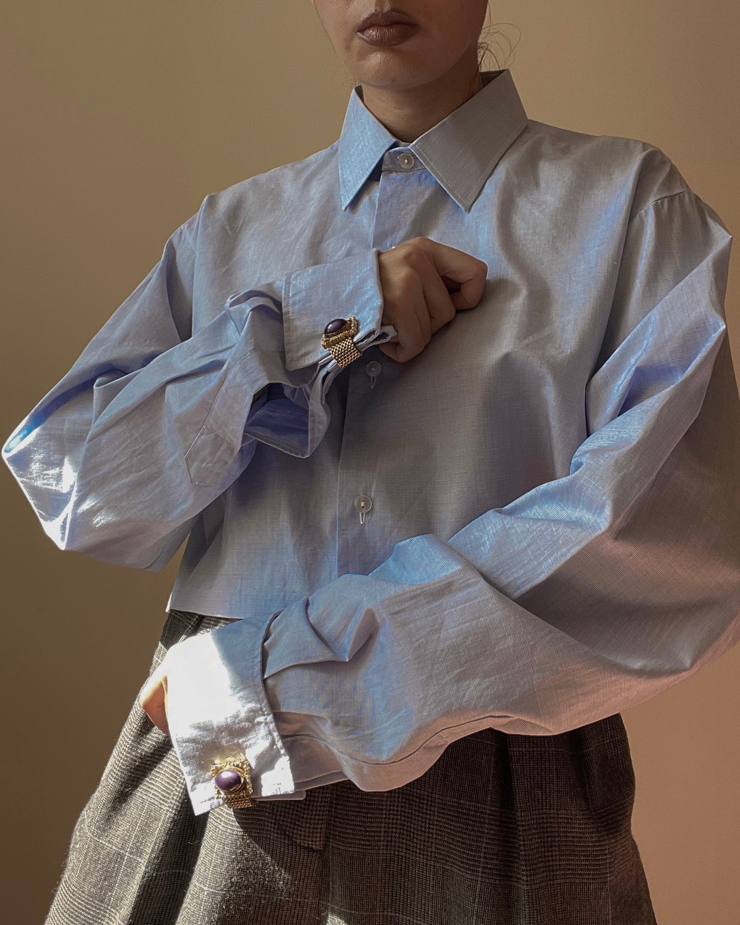 Vintage Blue Cotton Cropped Cufflink Shirt
