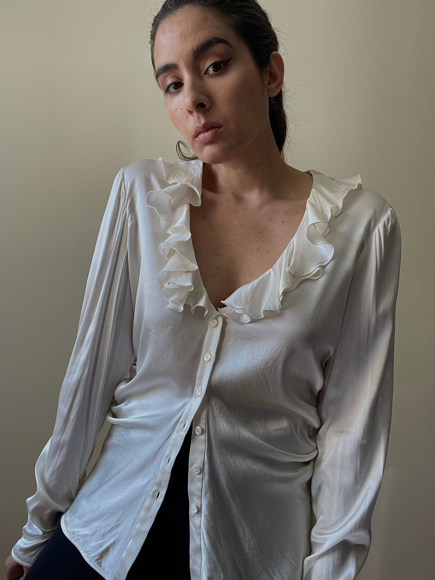 Vintage Designer Armani Cream Satin Silk Ruched Top