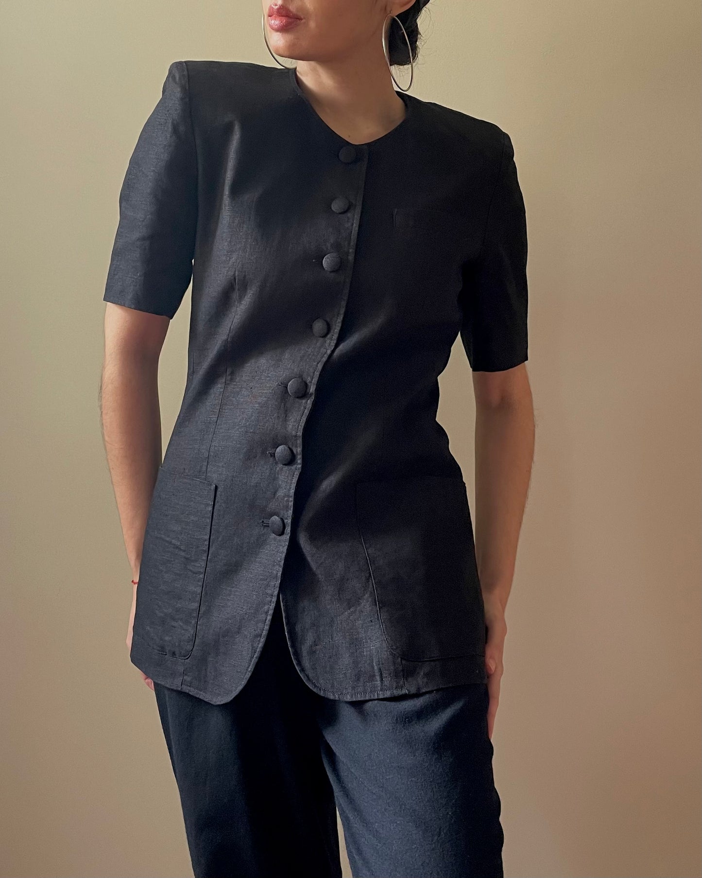 Vintage Designer Cacharel 90s Black Boxy Linen Top