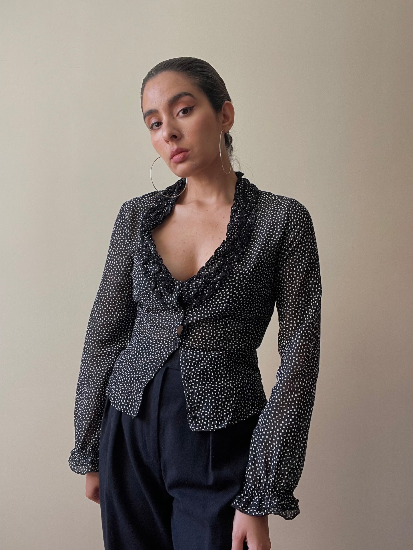 Vintage Designer Stefanel Silk Black Flamenco Dot Print Ruffle Top