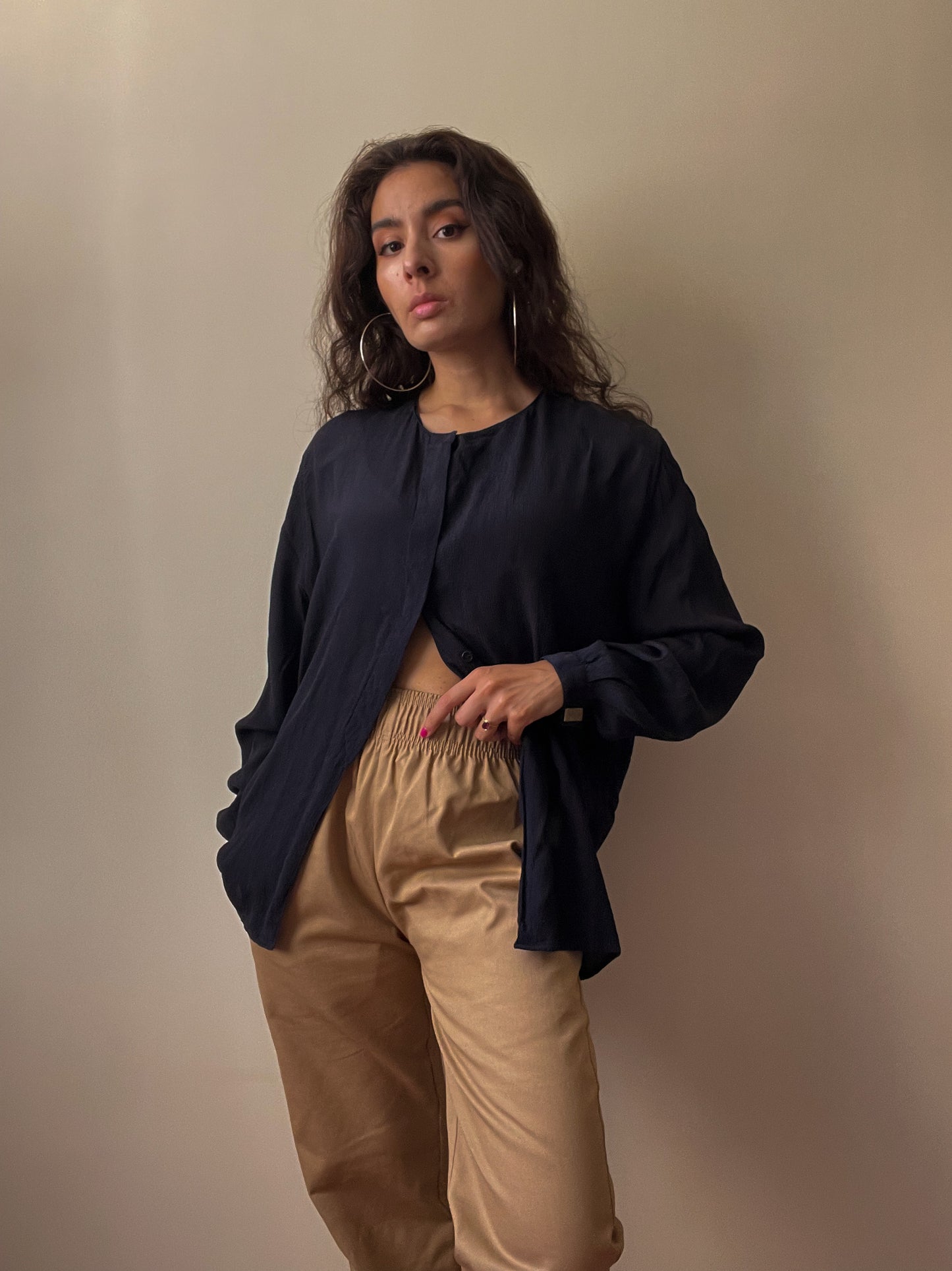 Vintage Designer Giorgio Armani Crinkle Silk Blouse w/ Cufflink Sleeves