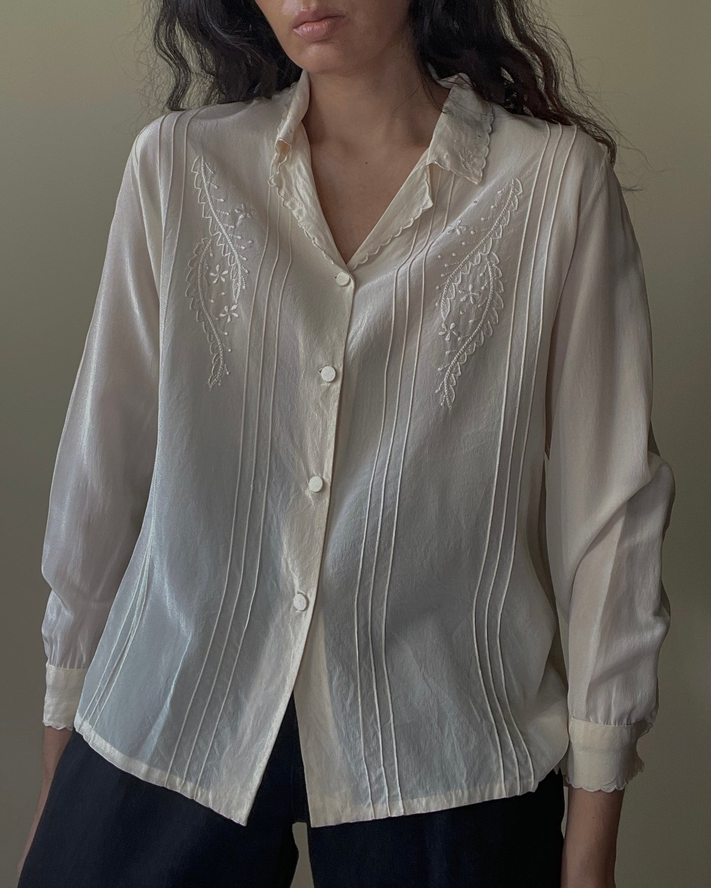 Vintage Cream Embroidered Silk Top