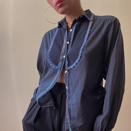 Vintage Hand Dyed Navy Tuxedo Cotton Top