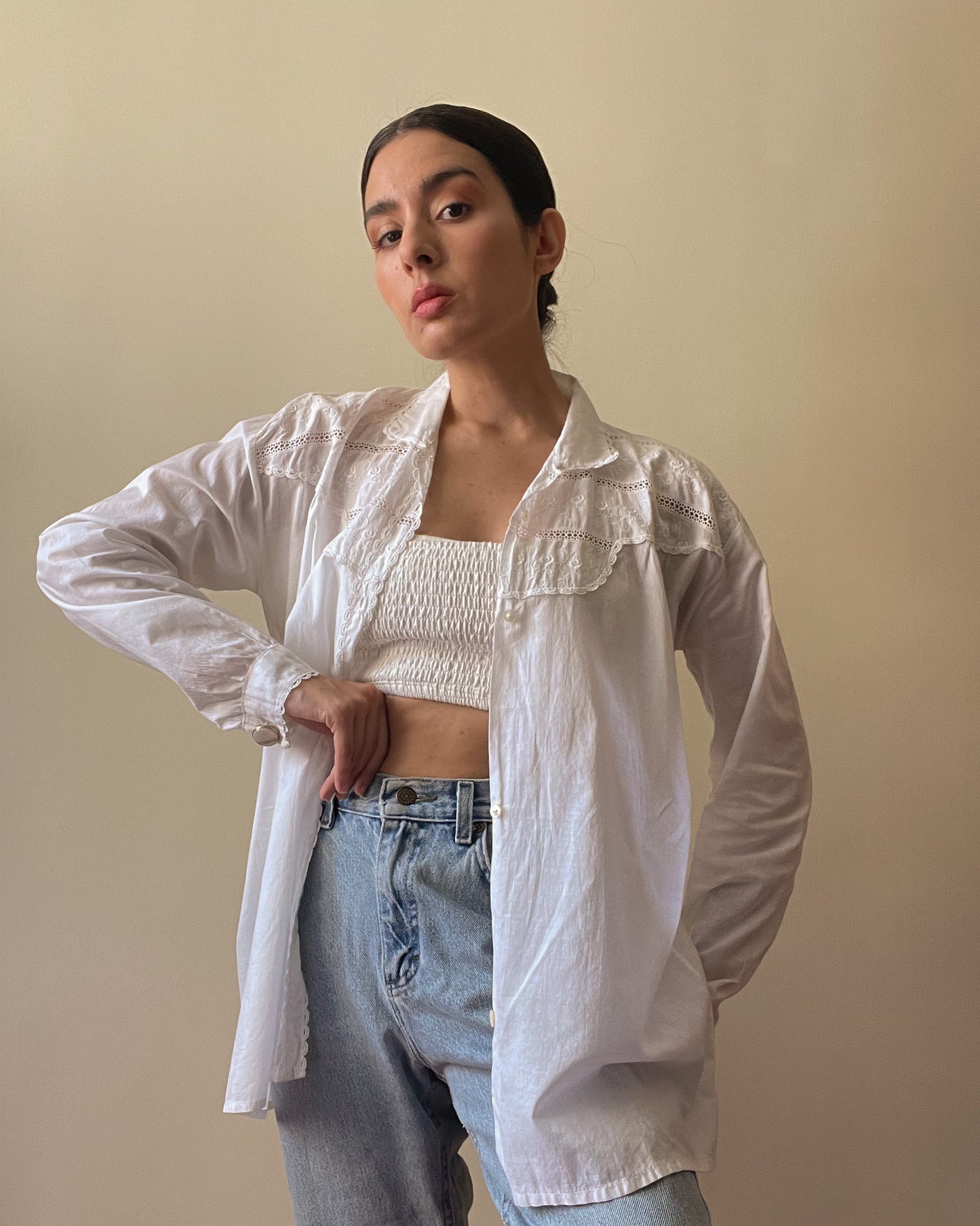Vintage Relaxed Cufflink Shirt in White Cotton