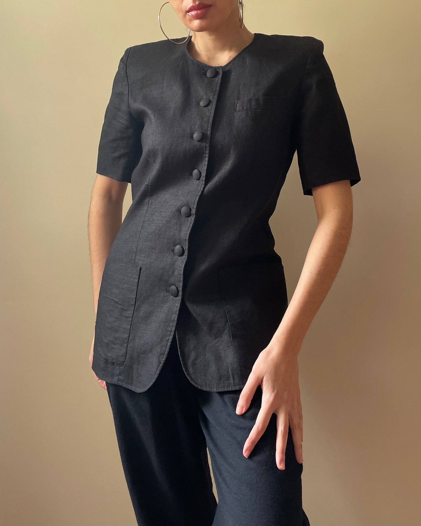 Vintage 90s Cacharel Black Boxy Linen Top