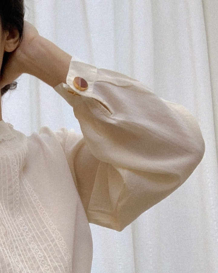 Vintage Silk Blouse With Lace Pleating and Cufflinking Sleeves