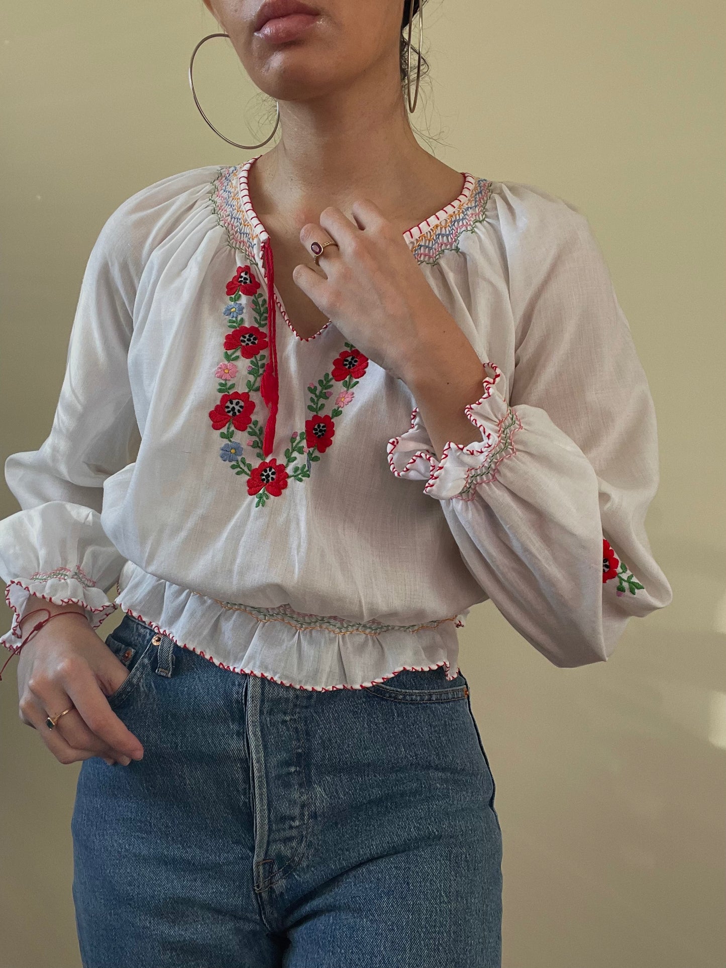 Vintage Floral Cotton Embroidered Blouse