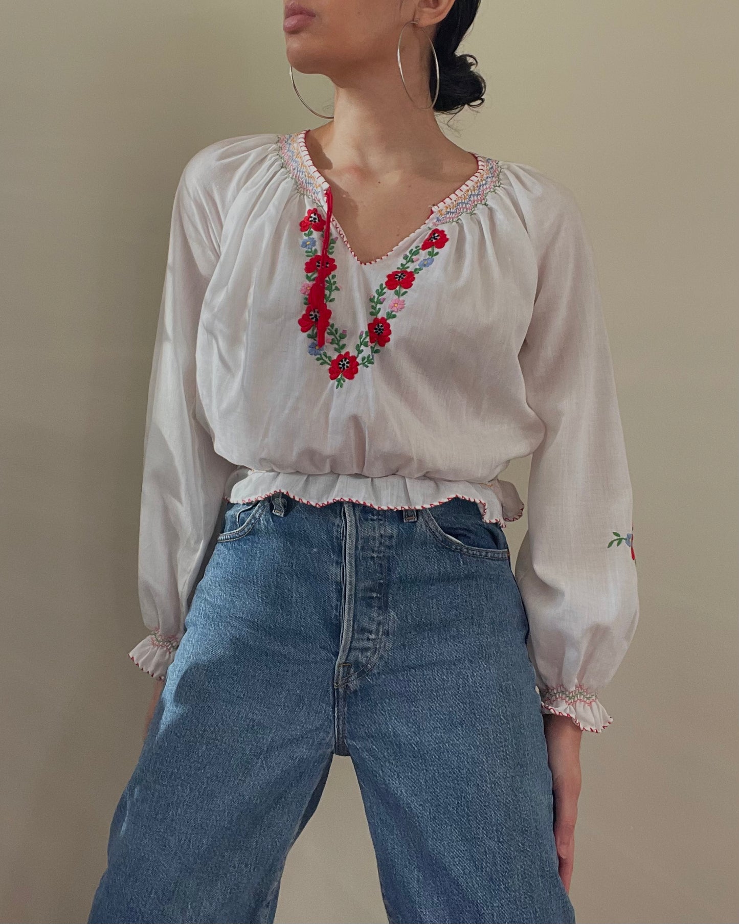 Vintage Floral Cotton Embroidered Blouse