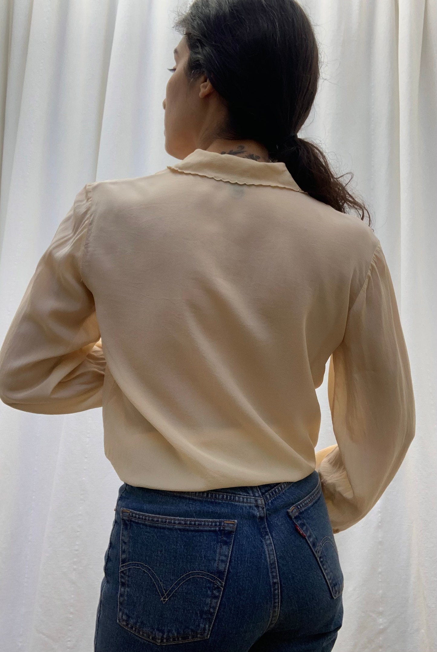 Vintage Silk Collared Blouse with Embroidered Detail