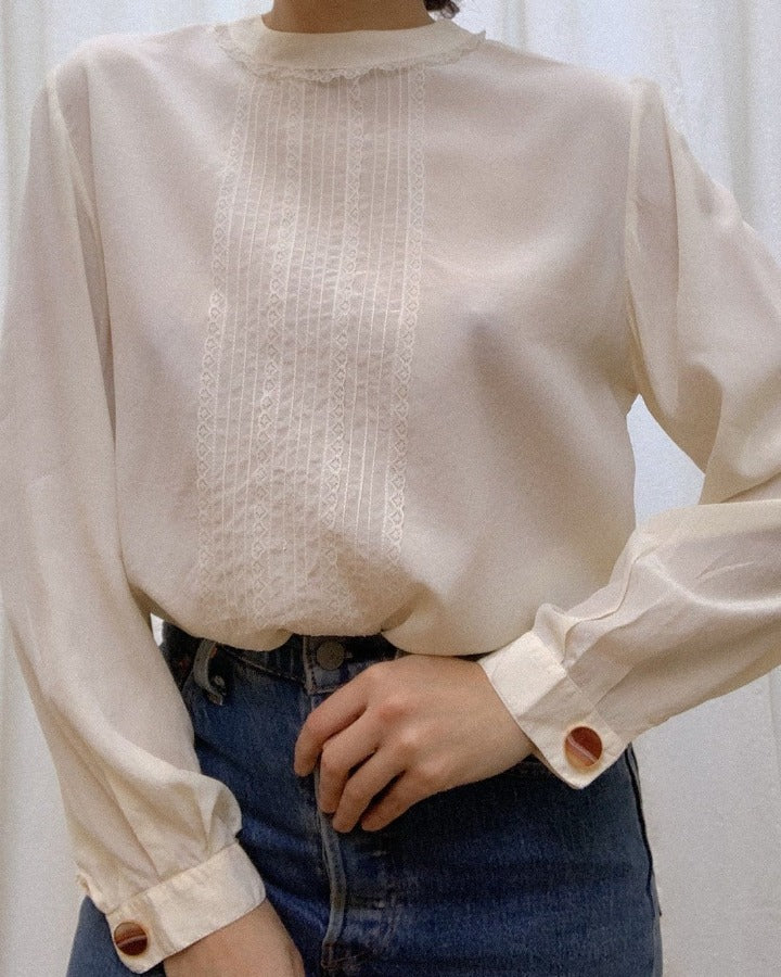 Vintage Silk Blouse With Lace Pleating and Cufflinking Sleeves