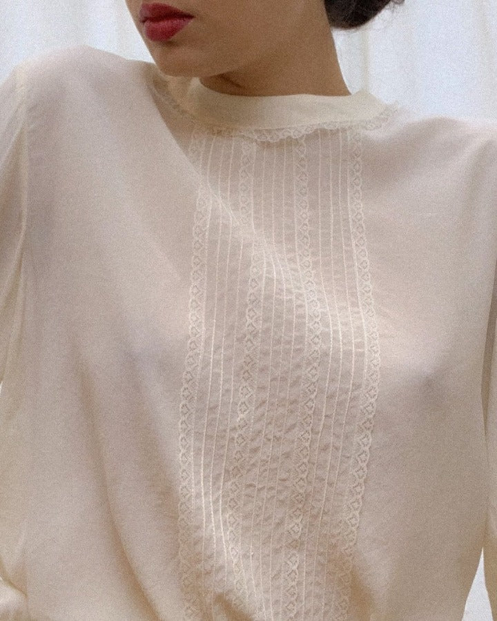 Vintage Silk Blouse With Lace Pleating and Cufflinking Sleeves