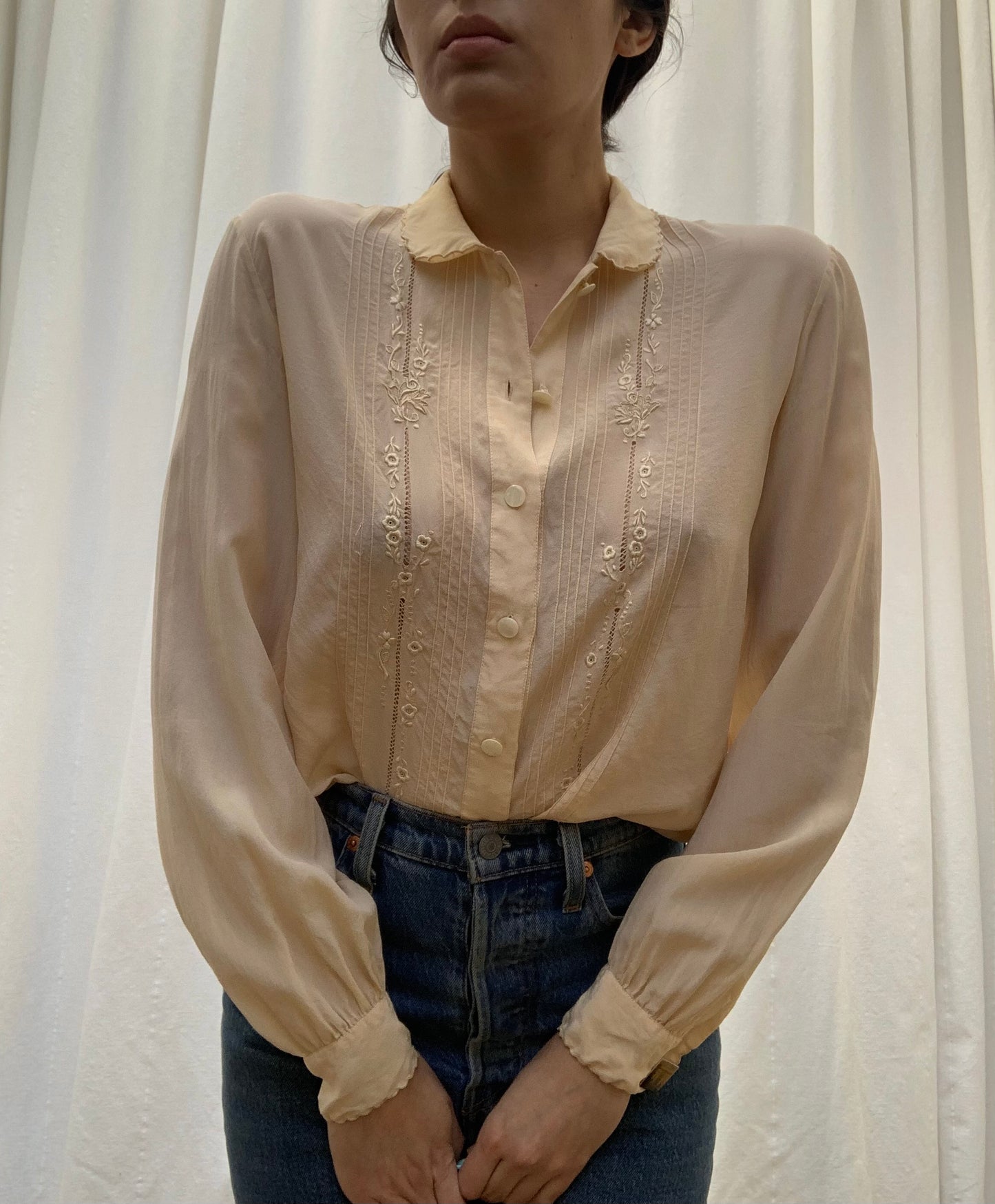 Vintage Silk Collared Blouse with Embroidered Detail
