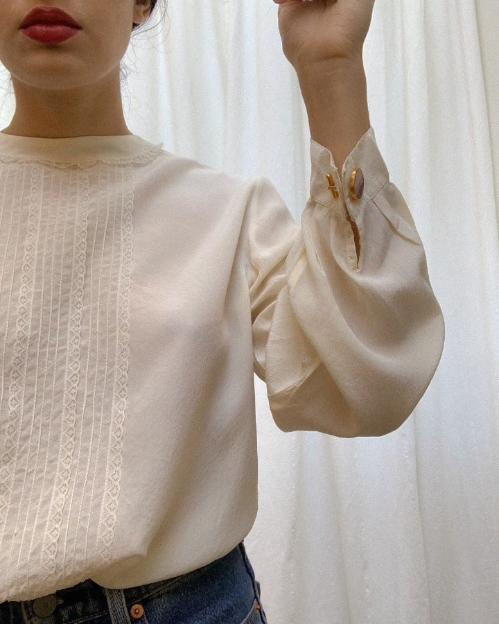 Vintage Silk Blouse With Lace Pleating and Cufflinking Sleeves