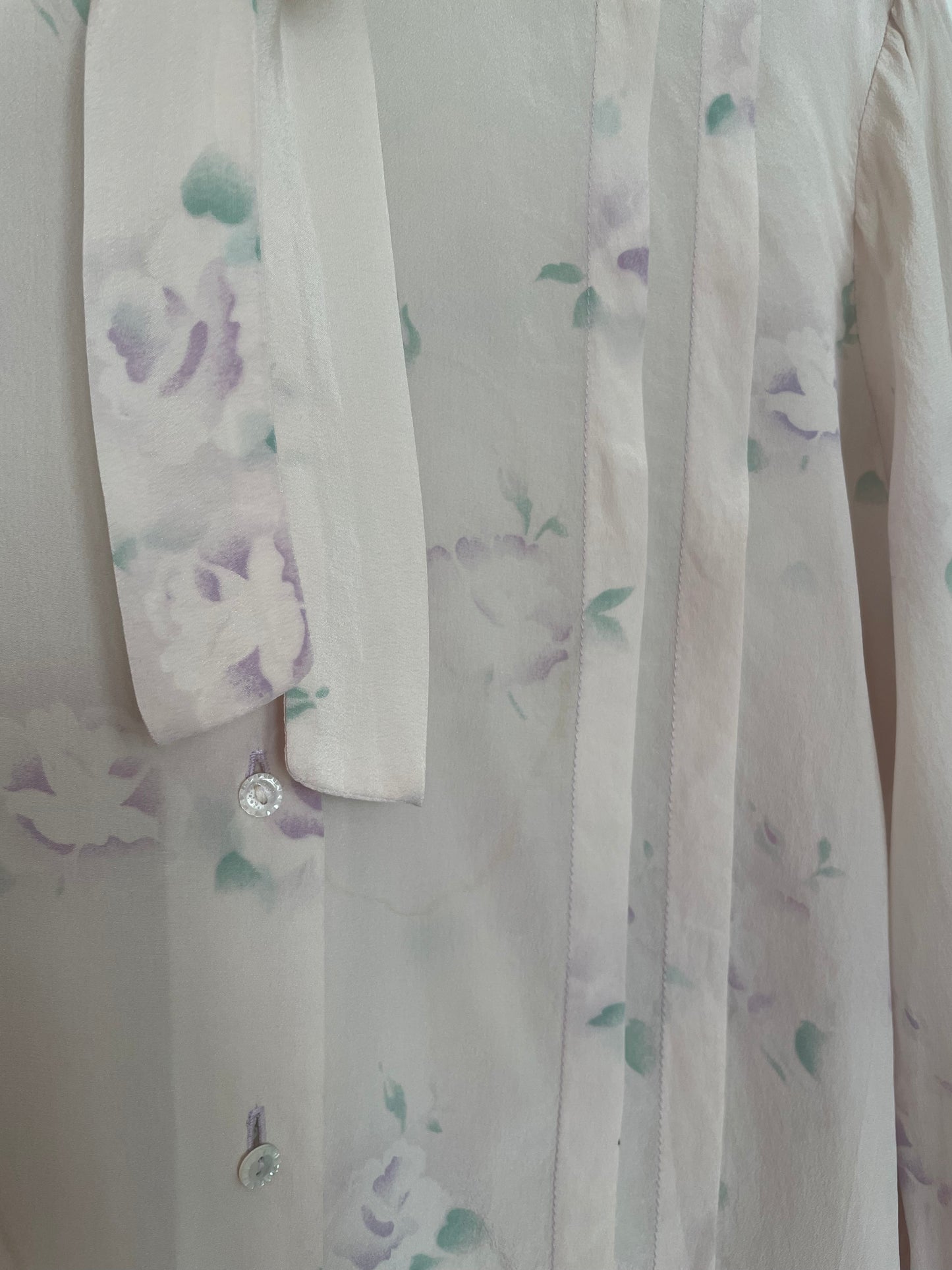 Vintage Silk Tie Blouse with Muted Floral Print