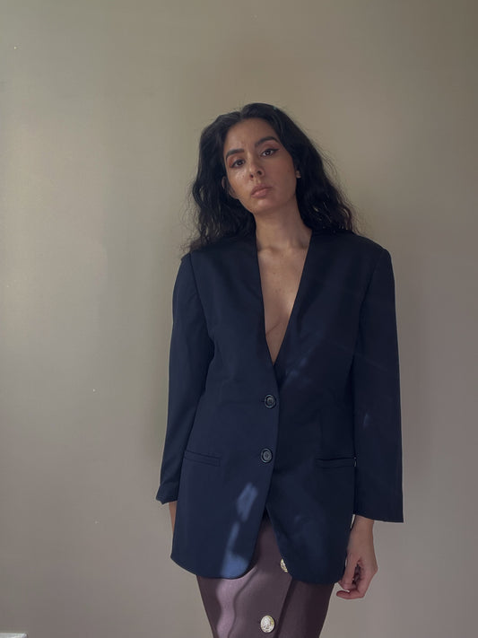 Vintage Designer Les Copains Collarless Feminine Navy Blazer