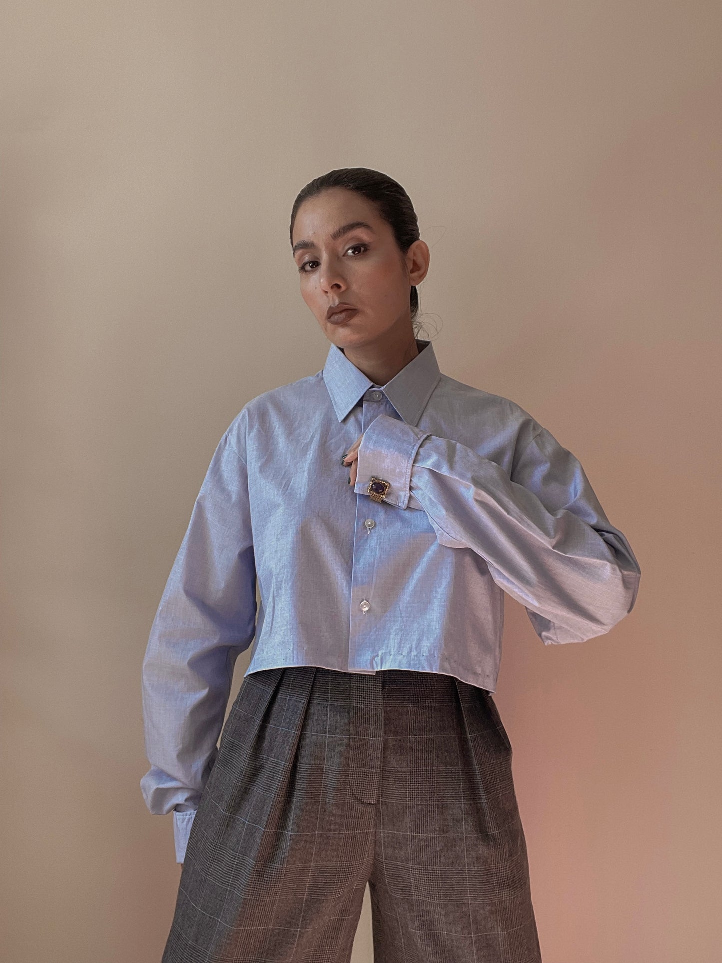 Vintage Blue Cotton Cropped Cufflink Shirt