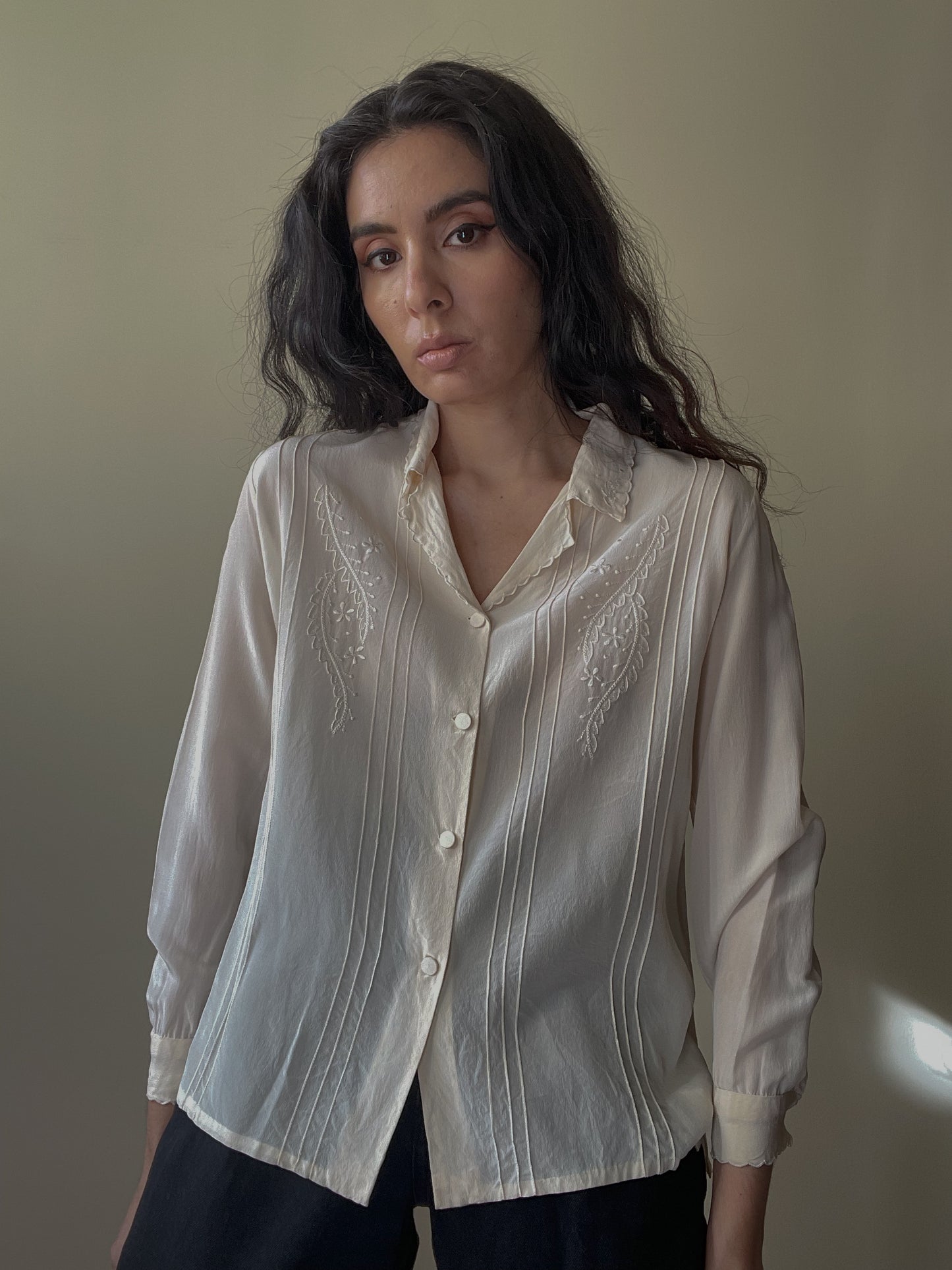 Vintage Cream Embroidered Silk Top