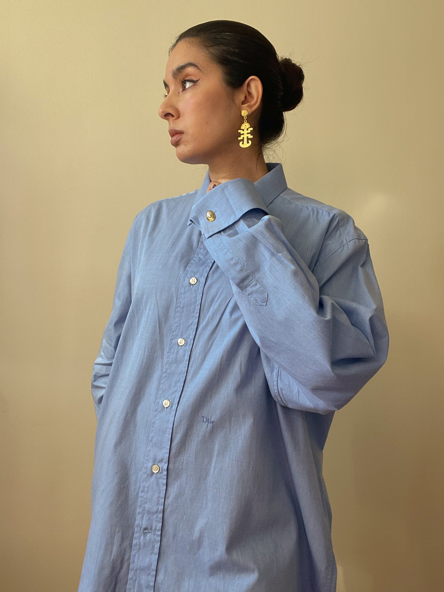 Vintage Designer Christian Dior Blue Cuff Link Shirt