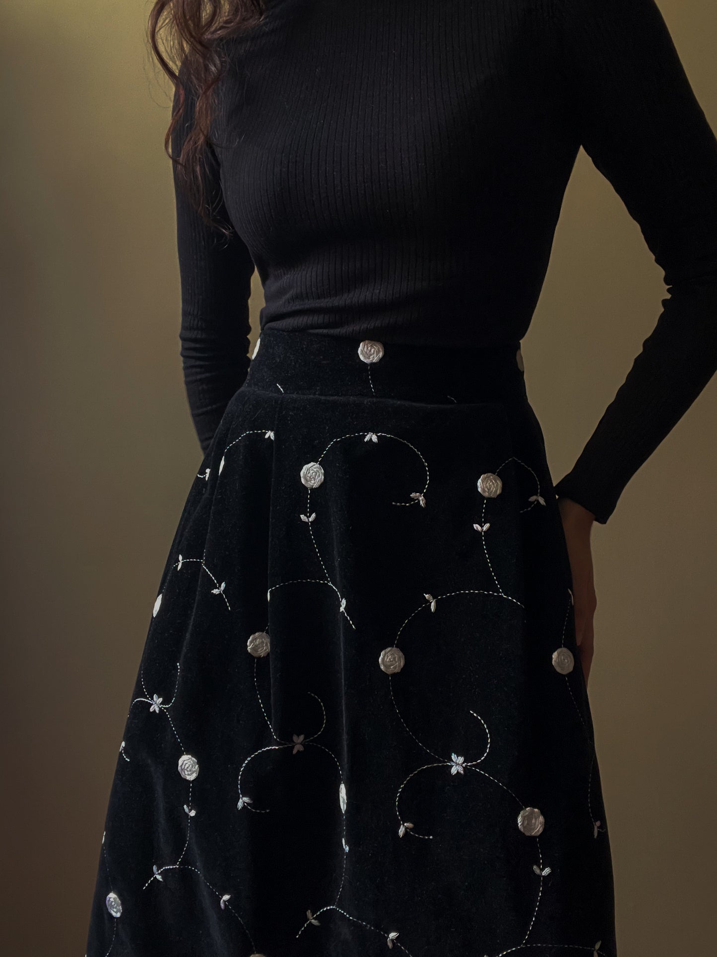 Vintage Designer Celine Black Velvet High Waist Skirt