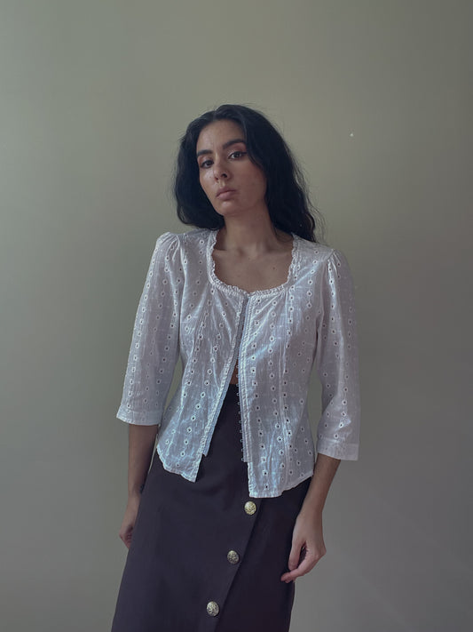 Vintage White Embroidered 3/4 Sleeve Corset Top