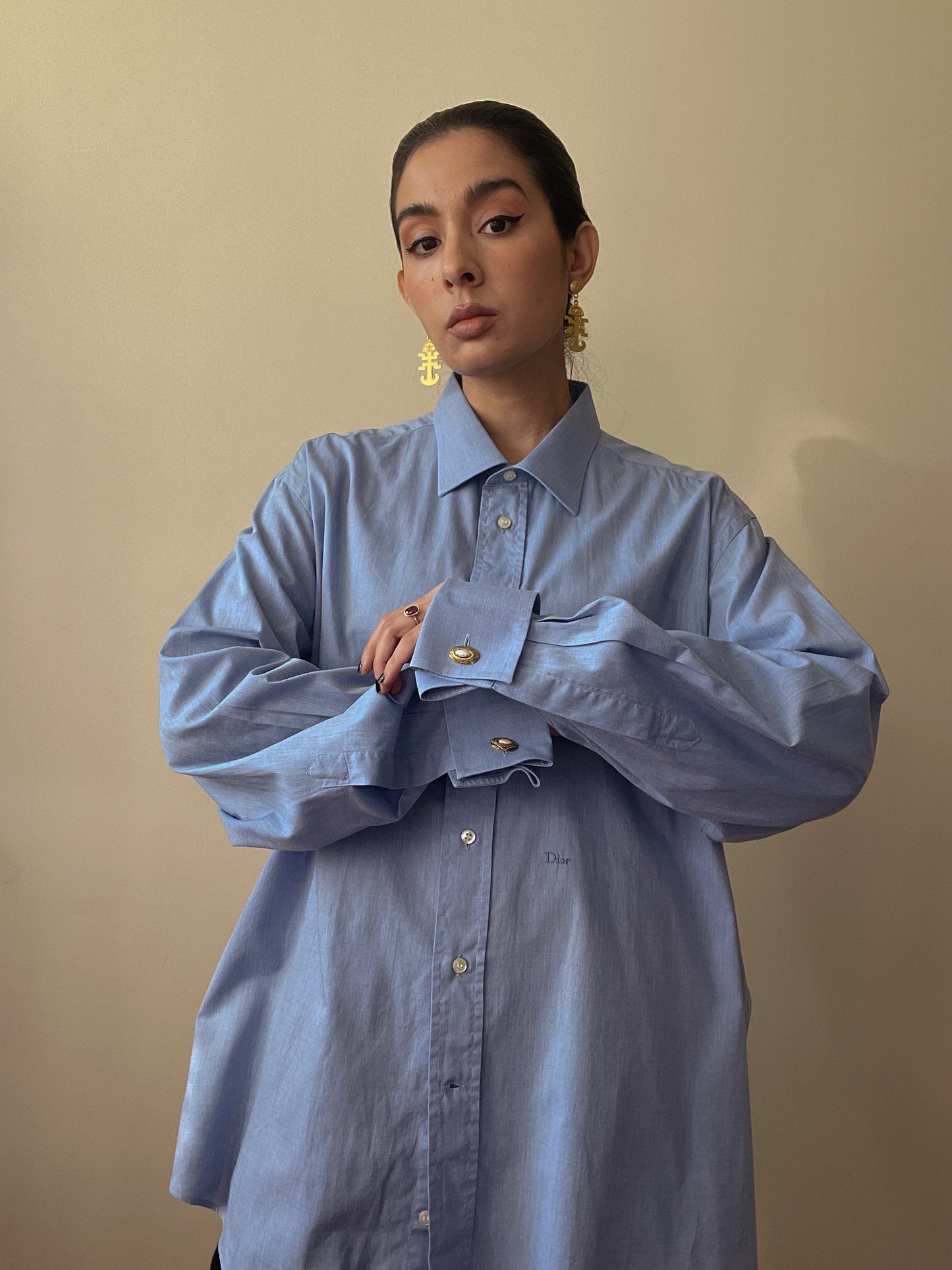 Vintage Designer Christian Dior Blue Cuff Link Shirt